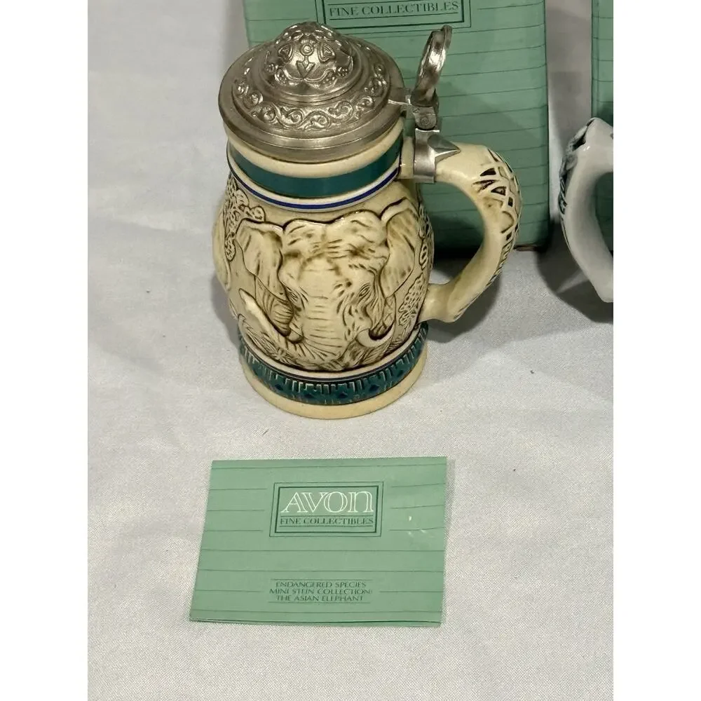 Avon Endangered Species Mini Stein Asian Elephant & Bald Eagle w/ Boxes Cards
